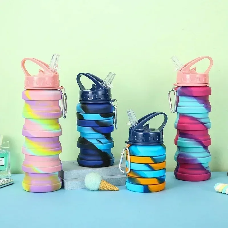 Bouteille d'eau pliable en Silicone pour le sport, étanche, sans BPA, avec mousqueton, bouteille d'eau pliable pour cyclisme