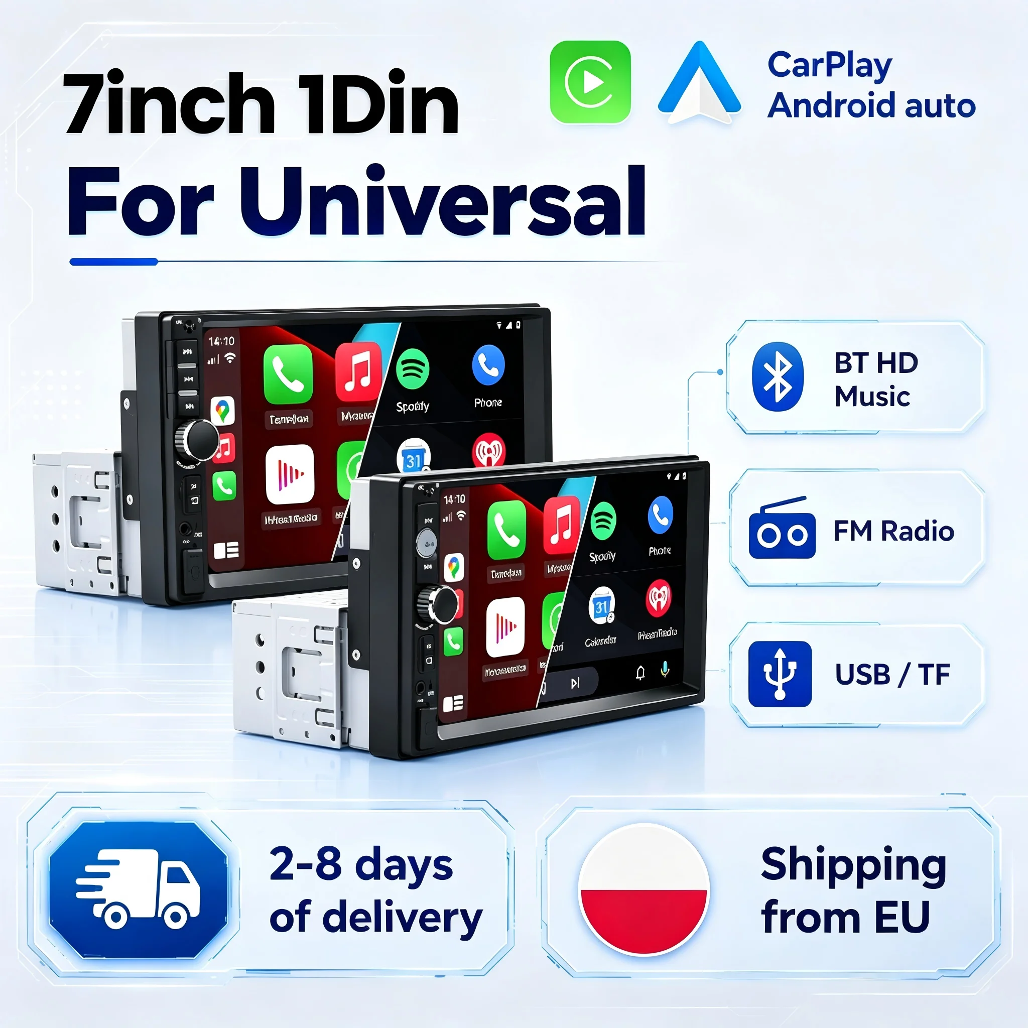 Autoradio universel 7 pouces 1 DIN pour voiture, lecteur multimédia MP5, compatible CarPlay filaire, Android Auto, stéréo USB, Bluetooth, musique, FM, écran tactile, audio (entrepôt UE)