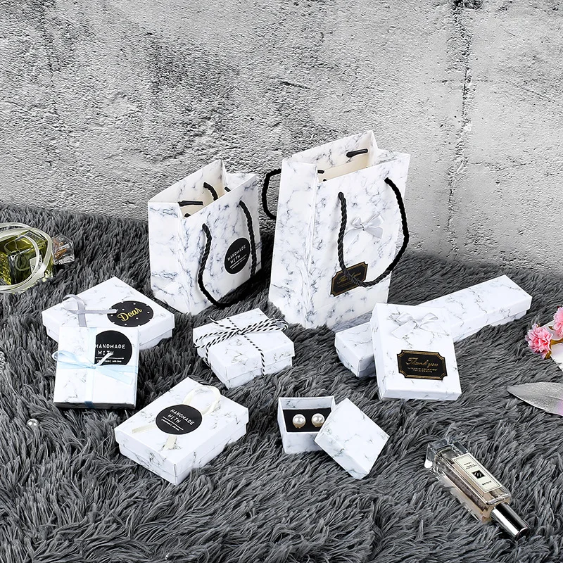 10pc Cardboard Jewelry Box, Marble-patterned Jewelry Box.  Ring Necklace Earring Kraft Paper Packaging Box