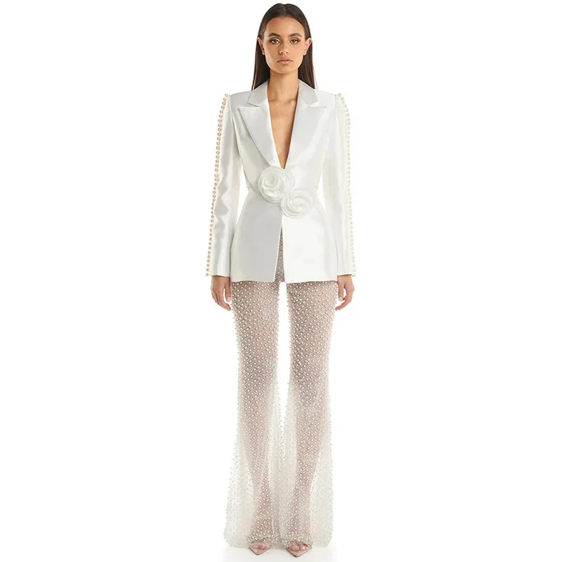 

2024 Spring Lady Fine Workmanship Beading Solid Suit Long Sleeve Hollow Out Waist Blazer See-through Flared Pants Women 2Pcs