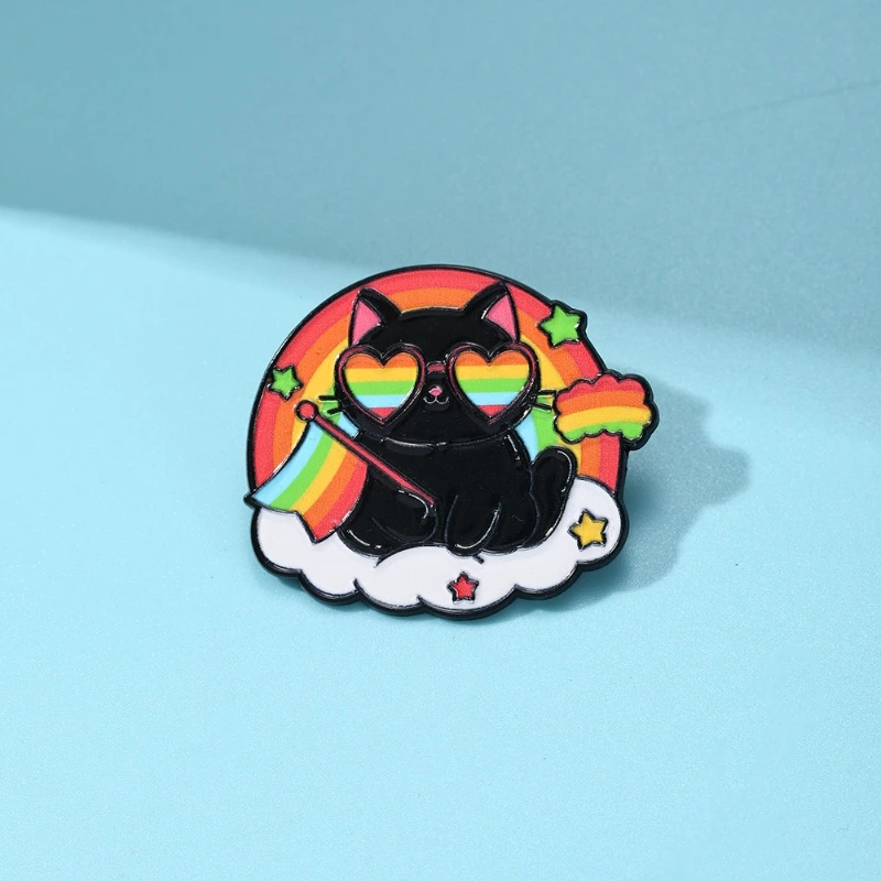 New Sweet Rainbow Cat Metal Brooch Sunglasses Cute Cat Enamel Badges Pin For Gift DIY Clothing Bags Hat Scarf T-shirt Accessory