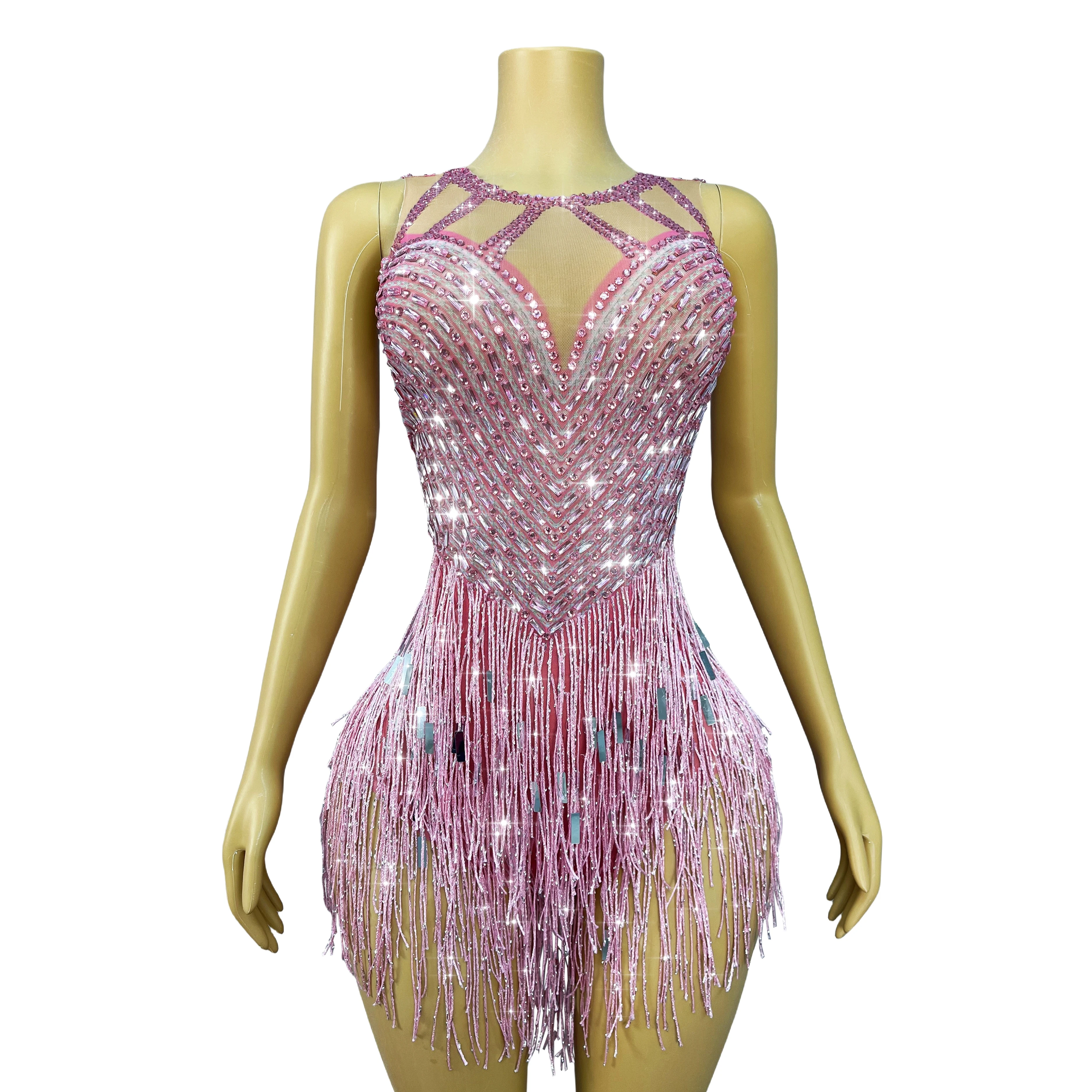 

Сексуальный сладкий розовый наряд с мигающими стразами и кисточками, высокая вилка, женская певица, танцовщица, вечерние шоу, сценический костюм Piaoliu