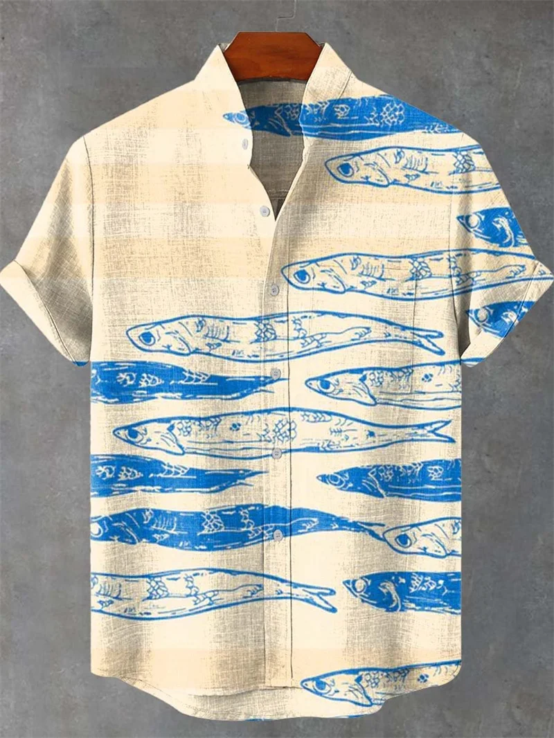 

Hawaiian Striped Men's Fish Print Shirt Casual Short Sleeve Top Loose Costume Vintage Fashion Summer Shirt