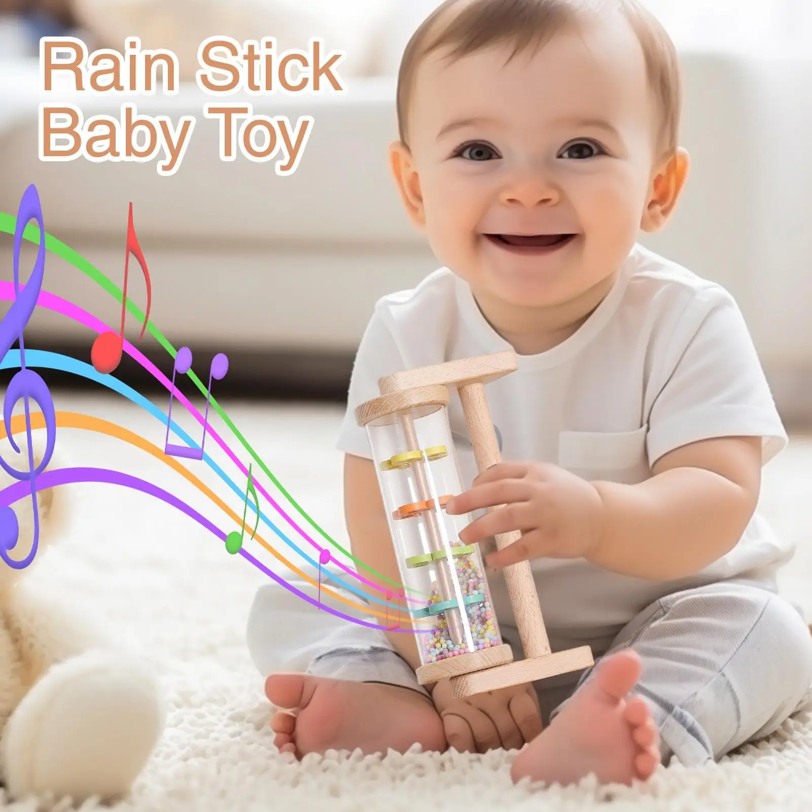 Chocalho do bebê montessori brinquedos arco-íris chuva vara ampulheta chuva música instrumento musical colorido sensorial brinquedos educativos para criança