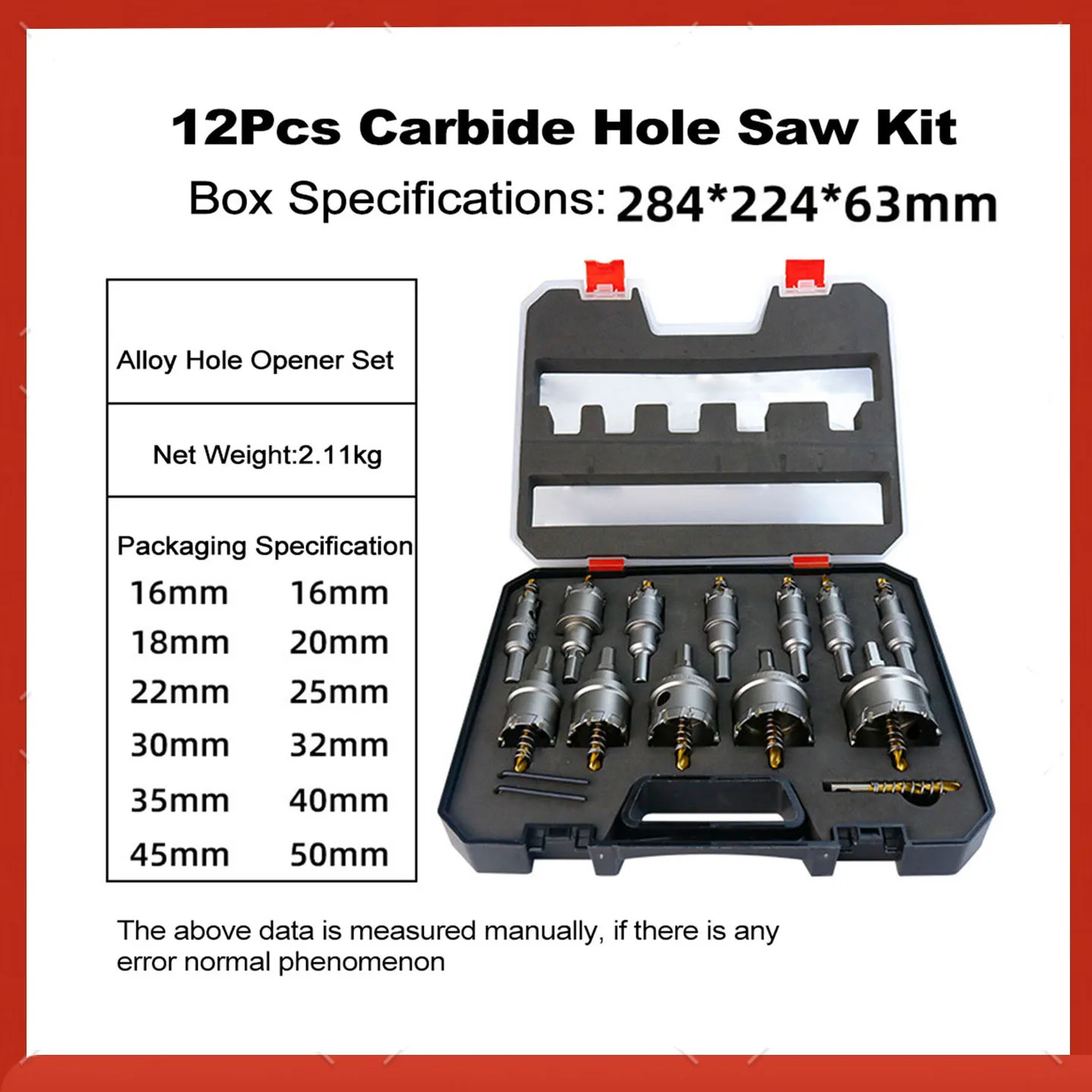 

12 Piece Carbide Hole Saw 16-50mm Hole Saw Cutter Set Tipped Hole Saw Drill Bit for Metal Stainless Steel Iron Copper