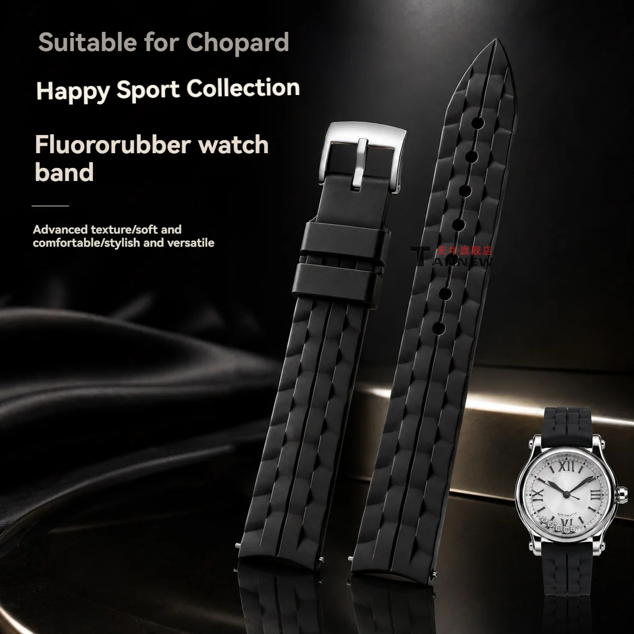 Compatible with Chopard Happy Sport Waterproof Rubber Strap, 15mm 18mm Fluoroelastomer Replacement Band for Happy Diamonds