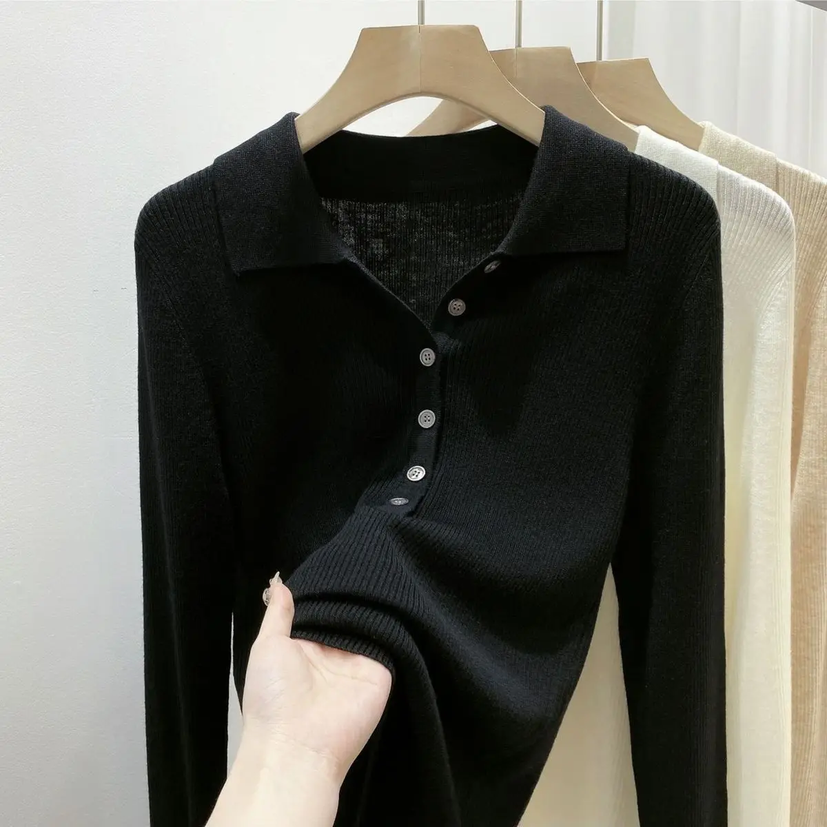 Autumn New Simplicity Solid Color Turn-down Collar Long Sleeve Pullovers Female Fashion Buttons Knitting Elasticity Sweater Tops