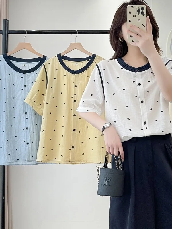

2026 New Commuter Style round Neck Small Heart Print Loose Short Sleeve Women's Shirt Slimming Design Casual Top