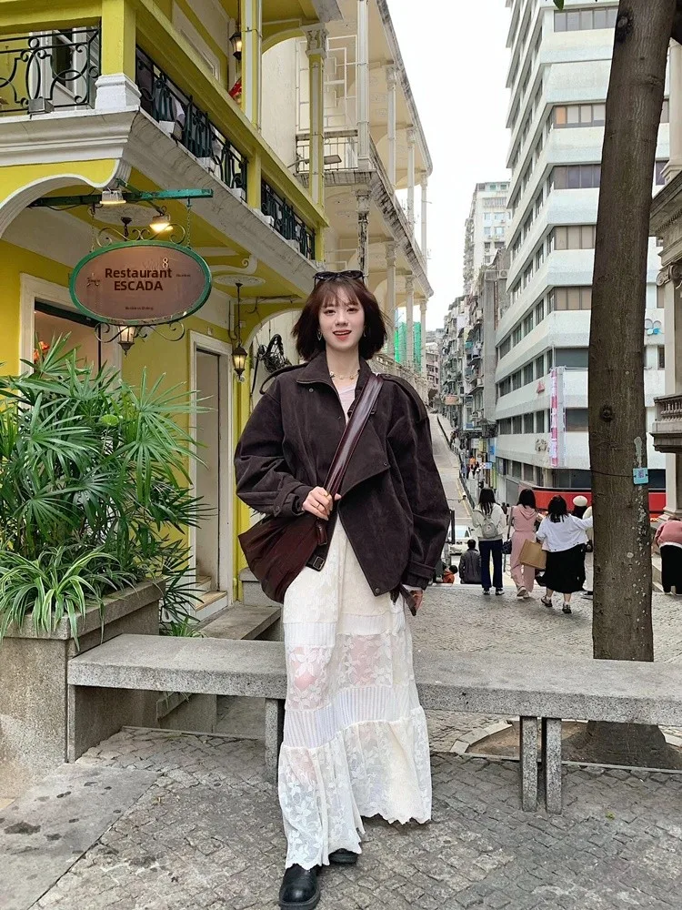 Retro Elegant Texture Stripe Print Lace Patchwork A-Line Skirt Women Spring Autumn Heavy Work Half Skirt High Waist Midi Skirt