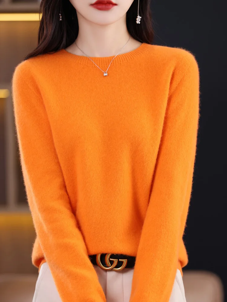 2024  Fashion Versatile Solid Color Spring Autumn New Women 100% Merino Wool Sweater O-neck Basic Cashmere Pullover Clothing Top