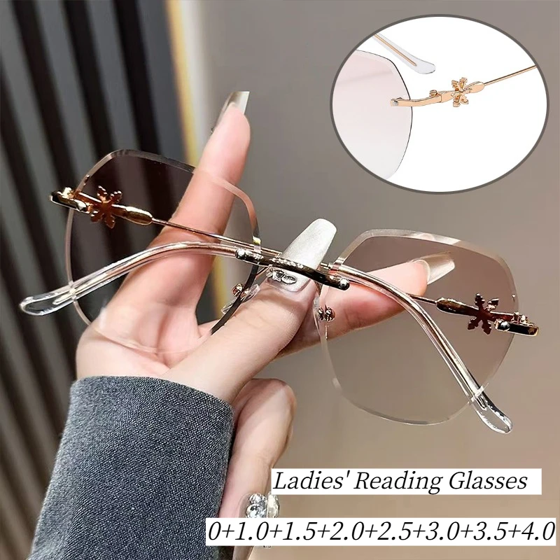 Rahmenlos – Polygonale Lesebrille, geeignet für Damen, Anti-Blaulicht-Licht-Temperament-Brille