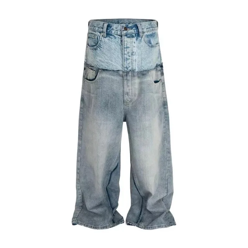 Deeptown Grunge Double-layer Double Waist Patchwork Jeans for Men Women Wide Leg Hip Hop Baggy Straight Denim Trousers Oversized