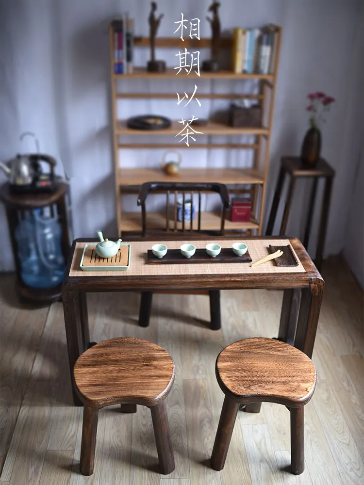 Solid wood small round stool home retro creative tea table low stool wooden bench small stool tatami wooden stool