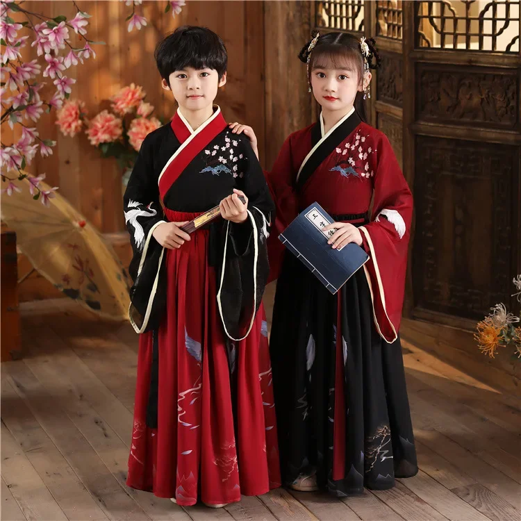 

Китайский традиционный комплект детской одежды Hanfu, детский костюм Тан, праздничное платье для девочек, топы кунг-фу для мальчиков, юбки, брюки