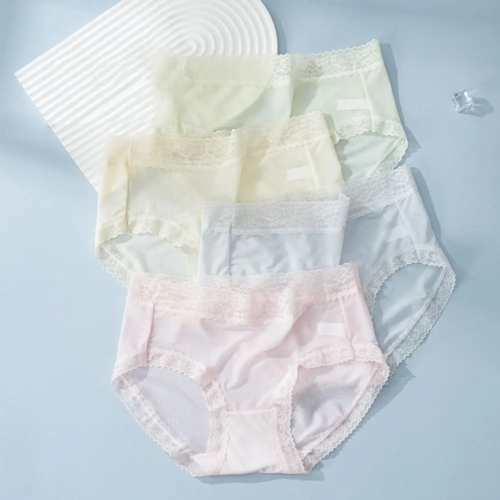 

6Pcs Mesh Thin Ice Silk Panties Mid Waist Transparent Seamless Lace Briefs Underpants Cotton Crotch Underwear for Women Lady