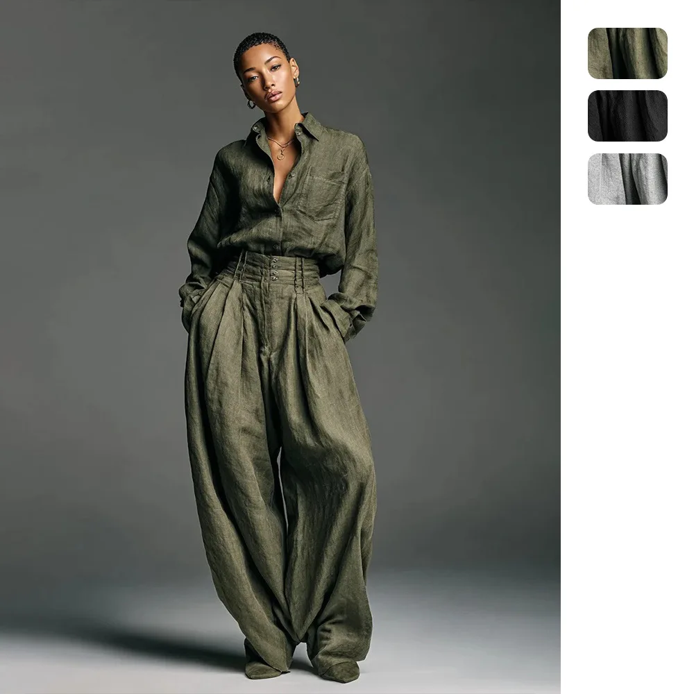 High Quality Hot Selling Wholesale Women Long Sleeved Shirt Straight Leg Pants Two-piece Set Autumn New Loose Fashion Retro Y2K