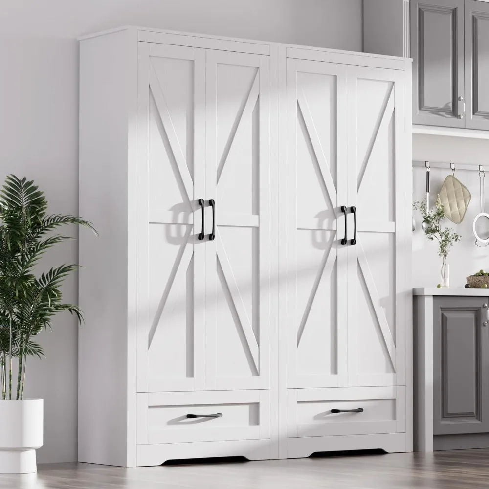 Lockers with barn doors and drawers, 72 inch high kitchen pantry with adjustable shelves, kitchen lockers, set of 2