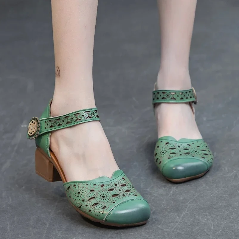 

2025 5 см этнические полые дышащие резьбы из натуральной кожи с круглым носком, летние женские мокасины на массивном каблуке с крючками ручной работы