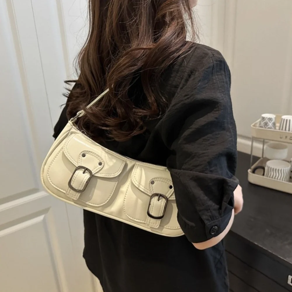 Chic Vintage Women's Armpit Bag Y2k Double Pockets Pu Leather Shoulder Bag Leisure Harajuku Zipper Handbag Commuting