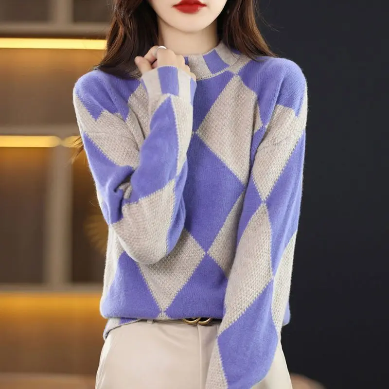 Vintage Argyle Contrasting Colors Sweaters Patchwork Stylish Half High Collar Autumn Winter Female Screw Thread Knitted Jumpers