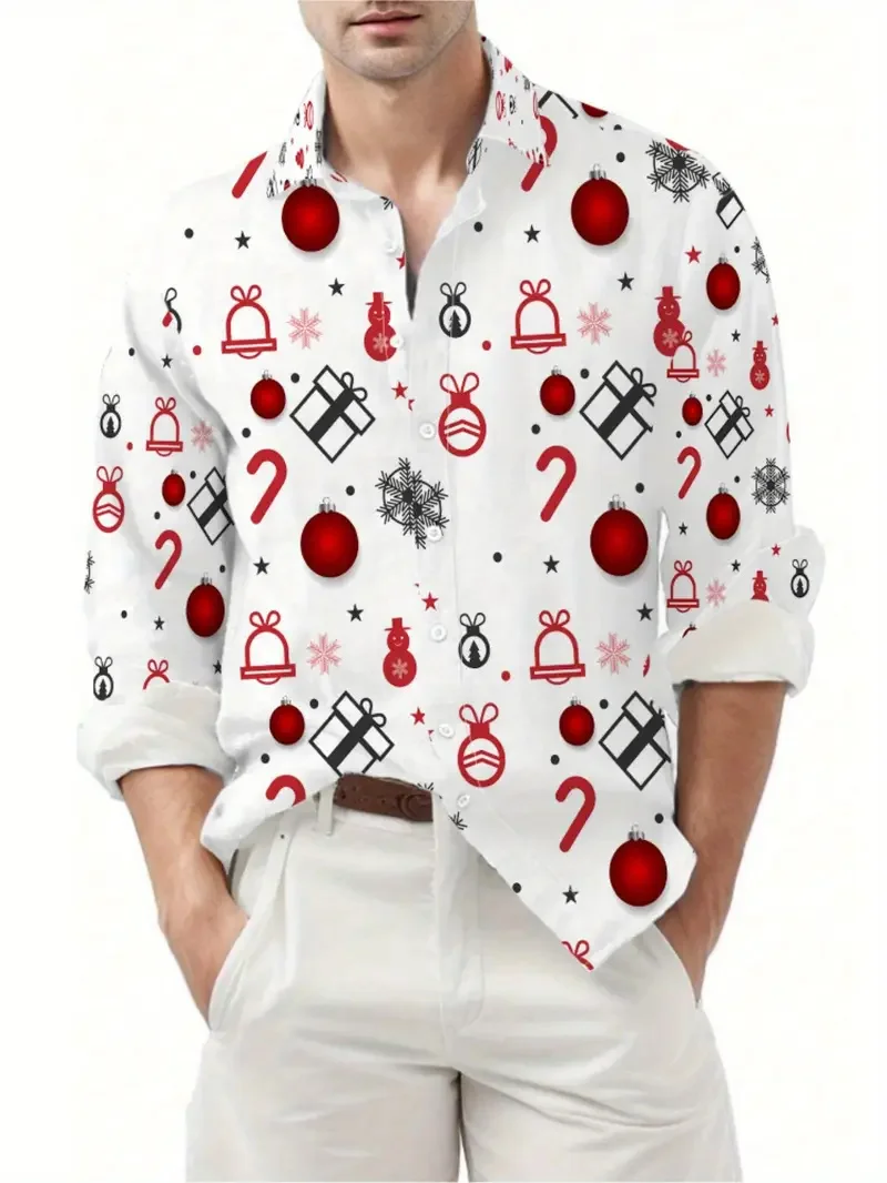 

Рубашка Санта-Клауса с длинными рукавами и рождественским рисунком оленя Рубашка с 3D-принтом, мужская модная рубашка, снеговик