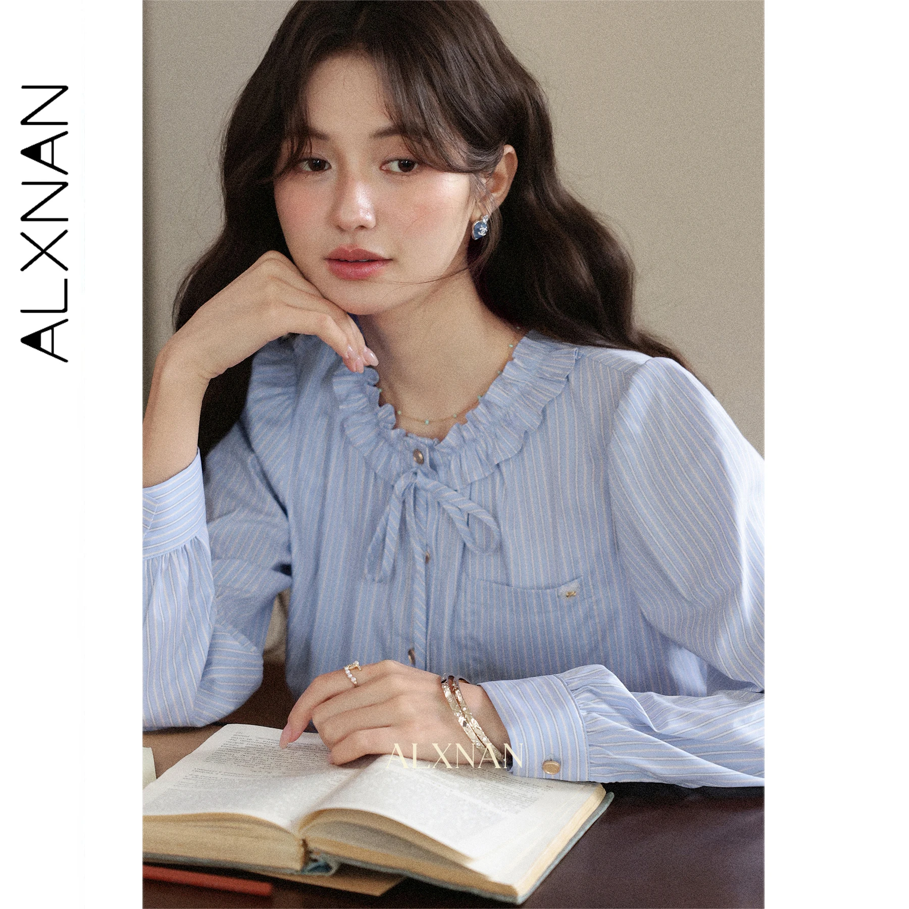 

ALXNAN Blue Striped Shirt Lace Collar Long Sleeve Cotton Women's Shirts 2025 Autumn Casual Office Lady Fashion Top Ladies L57037