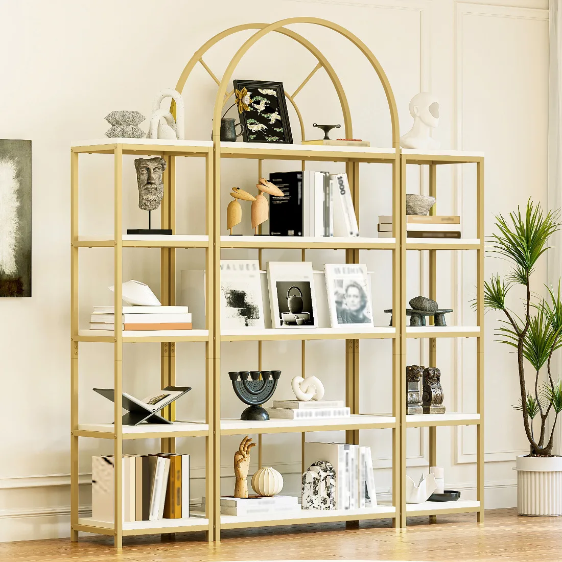 Ensemble d'étagères modulaires 163x30x184 cm – Cadre en métal doré et étagères en MDF blanc, design en arc en 3 parties – Étagères de présentation pour salon, cuisine ou vitrine de bureau – Gain de place, moderne et élégant – Construction robuste, montage facile