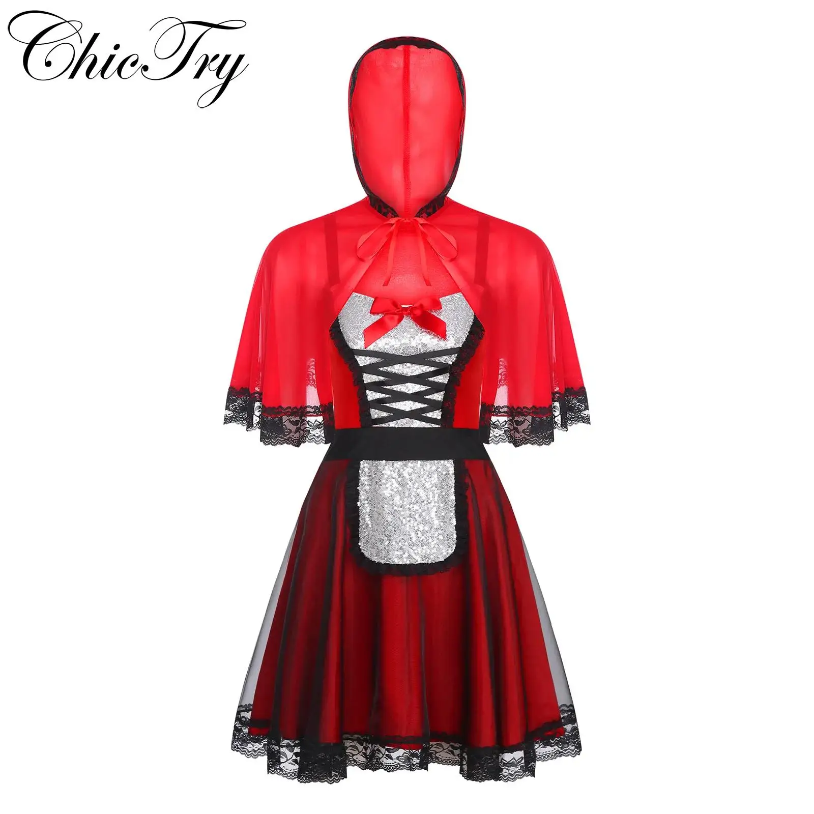 

Womens Riding Hood Costume Halloween Little Red Cosplay Party Dress with Red Hood Cape A-line Sling Roleplay Carnival Dress Up