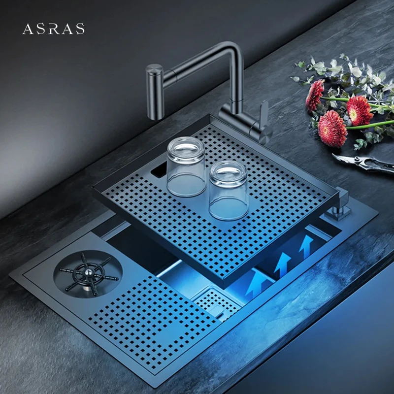 ASRAS Hidden Bar Island kitchen Sink Nano 304 Stainless Steel 4mm Thickness Cup Rinser Bar Counter Kitchen Single Sinks