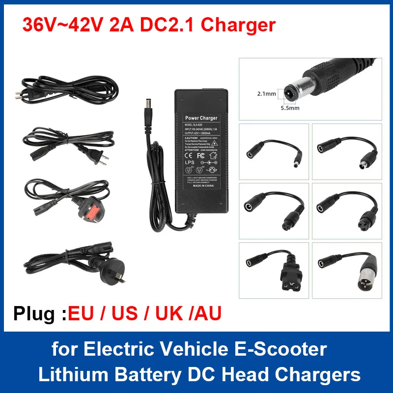 36 فولت-42 فولت 2A DC2.1 بطارية ليثيوم أيون شاحن سريع مع 6 قطعة كابل محول ل مركبة كهربية سكوتر كهربائي التوازن تيار مستمر شواحن
