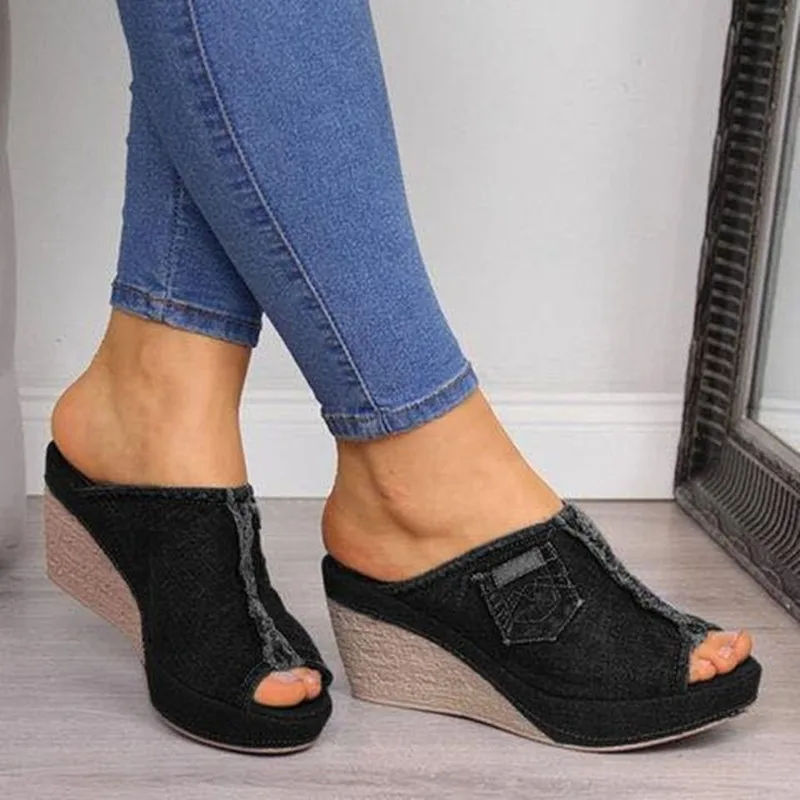2025 New Platform Fashion Women's Slides Summer Denim Slippers Women Wedge Heel Casual Sandals Large Size 43 Zapatos De Mujer