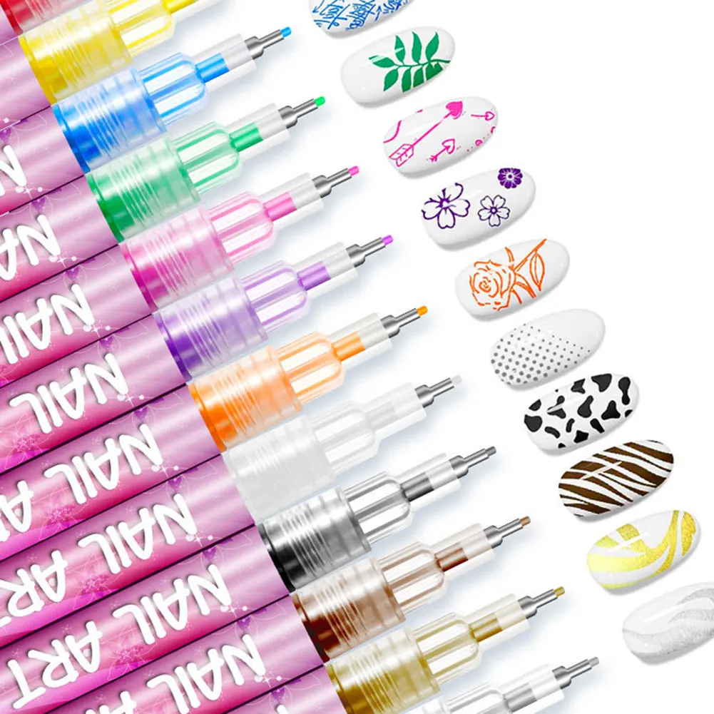 12개 네일 아트 폴리쉬 펜, 속건성 방수 DIY 0.5mm 아크릴 페인트 드로잉 펜, 웨어러블 네일 아트 디자인 용품