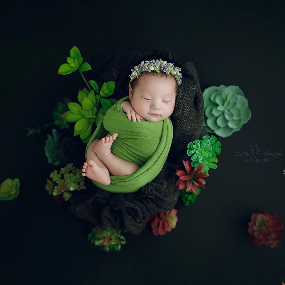 0-1 mese neonato fotografia puntelli morbido alto elastico avvolgere copricapo con orecchie pianta verde tema Studio sfondo puntelli