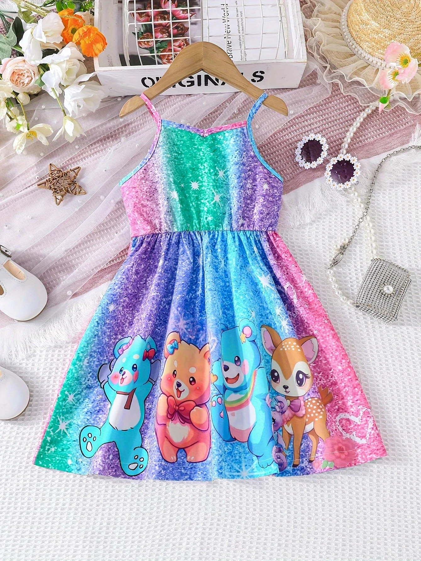 Cute Bears 3D Print Girl\'s Slip Dress, Colorful Cute A-line Cami Dresses For Holiday Summer Outdoor