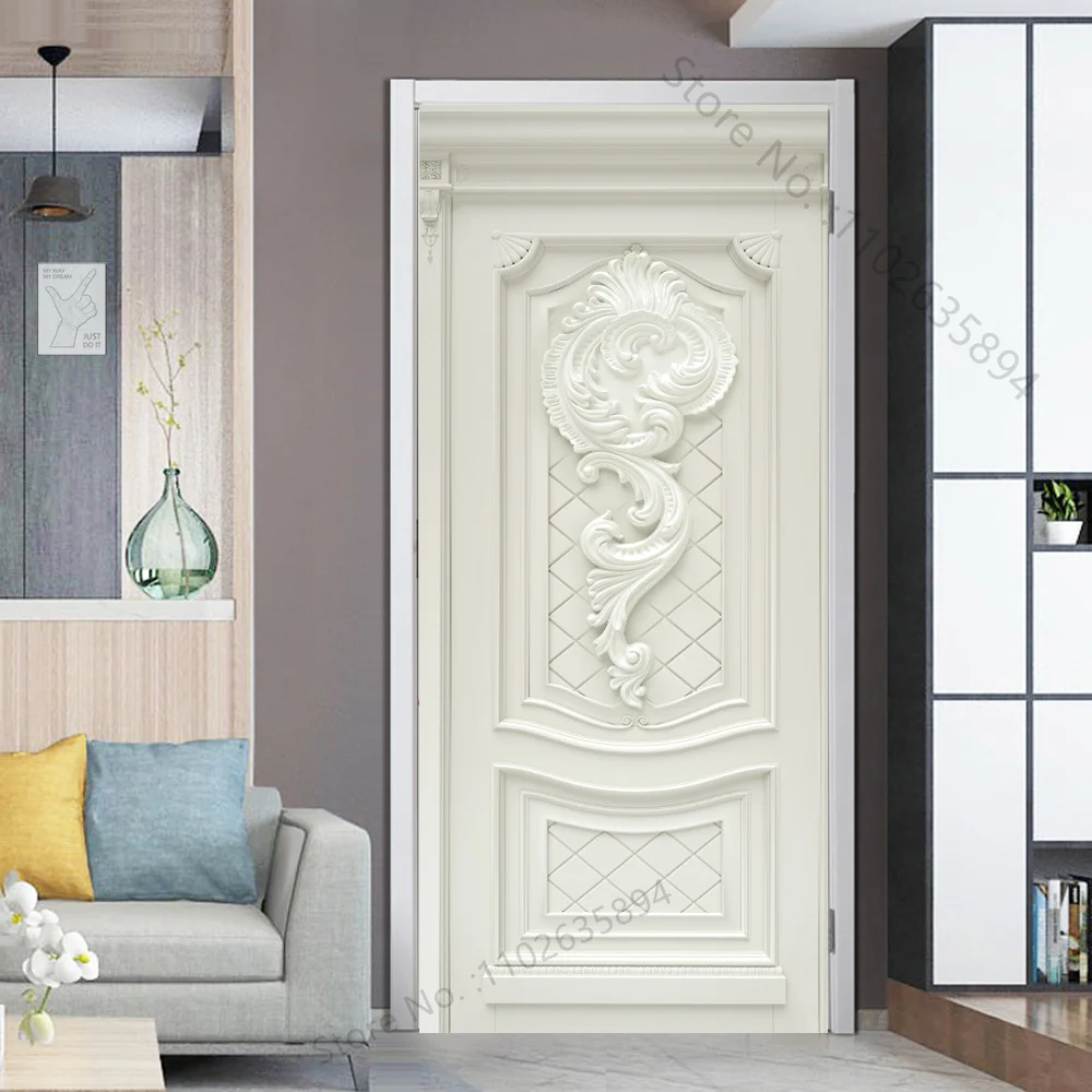 Simple Style Light Off White Wood Grain Background Door Sticker Wallpaper Home Decor Embossed Flat Print Wooden Door Wrap Cover
