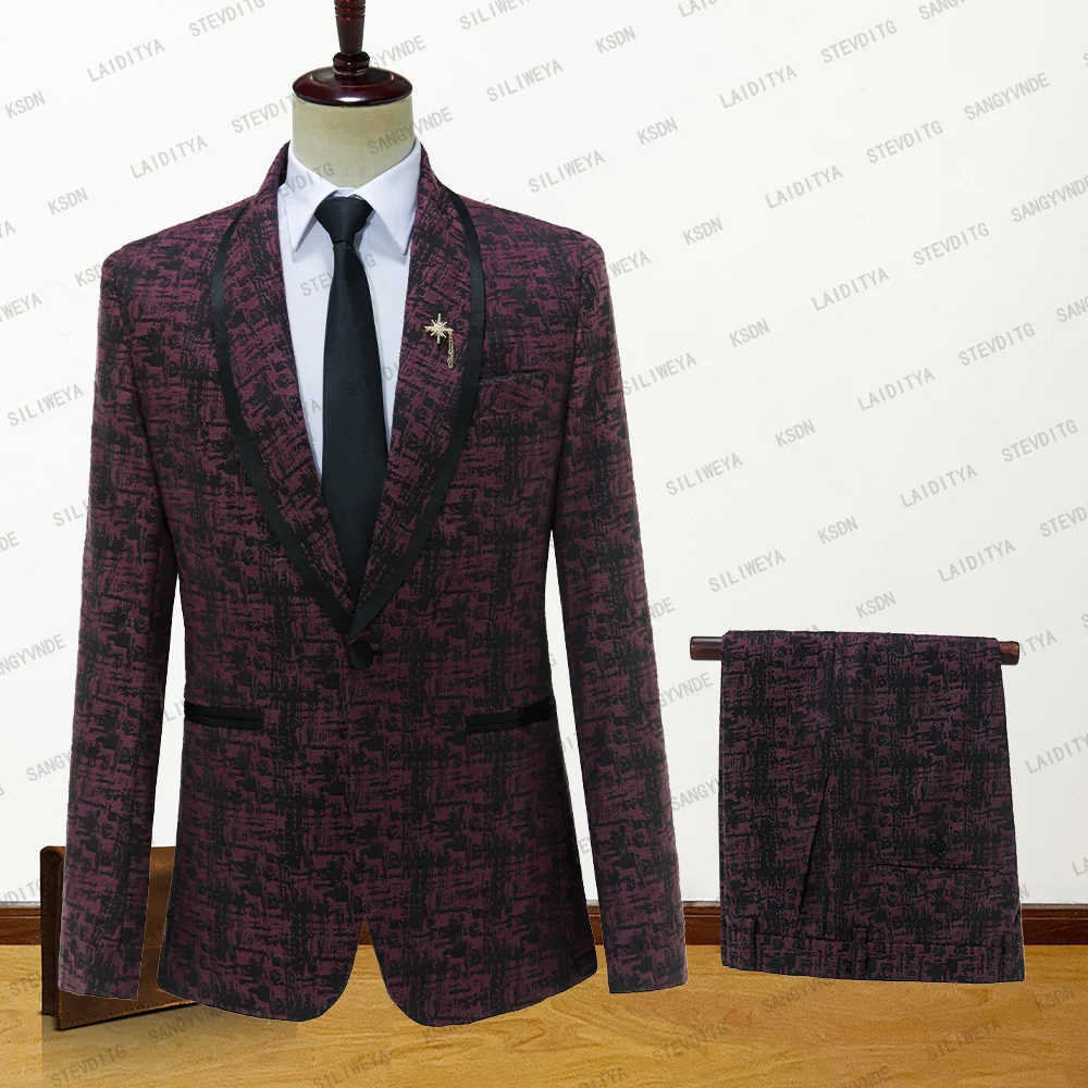 

2023 New Men Business Casual Wedding Party Wine Red Two Pieces Set With Satin Shawl Lapel Male Coat Pants Fashion Slim Fit Suits