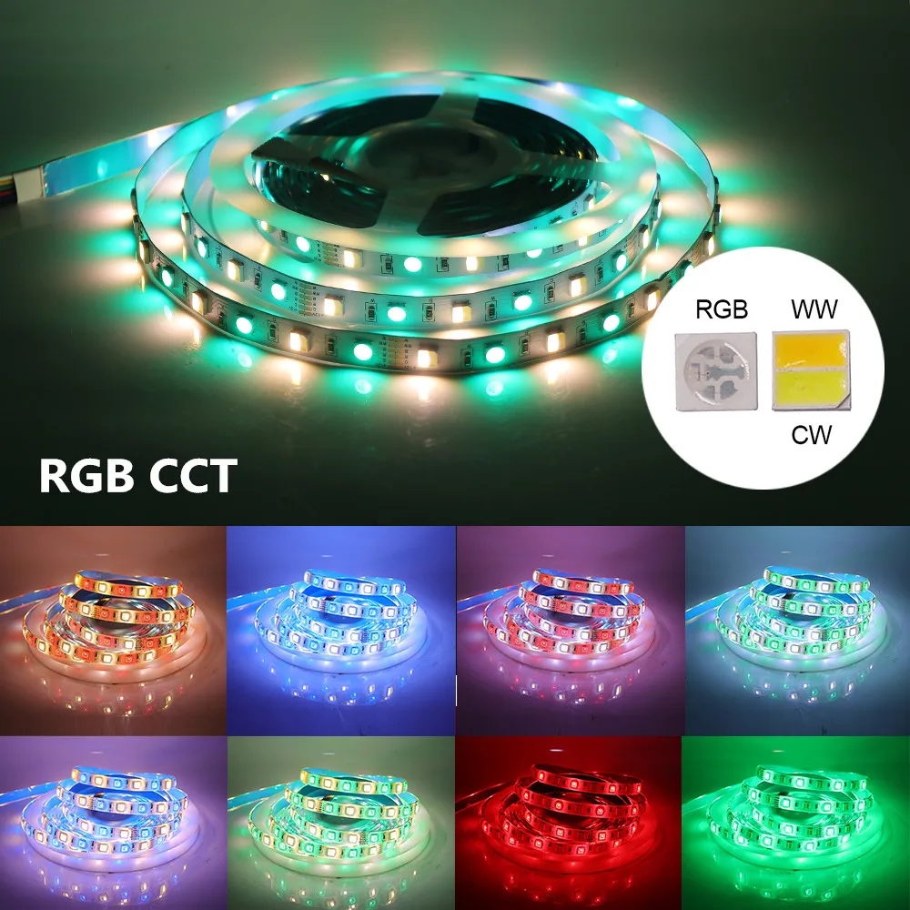 5M RGBCCT LED Strip 12V 24V nastro LED flessibile impermeabile 30leds/m 60leds/m RGB WW CW temperatura colore regolabile nastro a 6pin