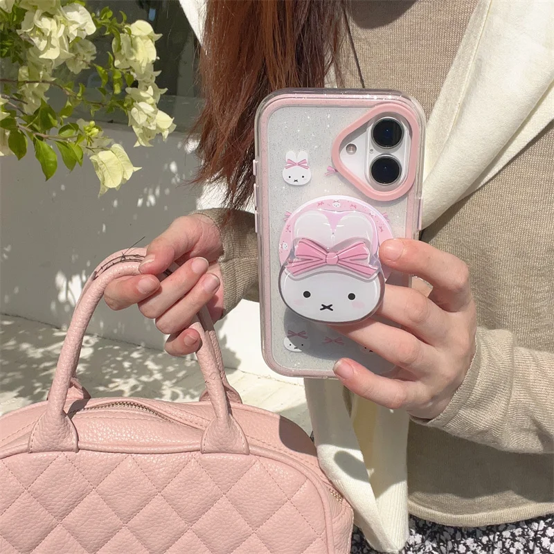 Cartoon Cute Rabbit Glitter Magsafe Wireless Charge Phone Case For iPhone 13 14 15 16 Pro Max Pink Bow Rabbit Magnetic Holder