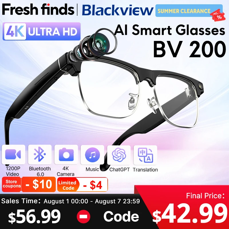 �y�Z�[�����z�V�^Blackview BV200�B�e�X�}�[�g�O���X 4K�E���g��HD�J���� Bluetooth�ʘb �����A�V�X�^���g AI�|�� BT 6.0���ڃ��K�l