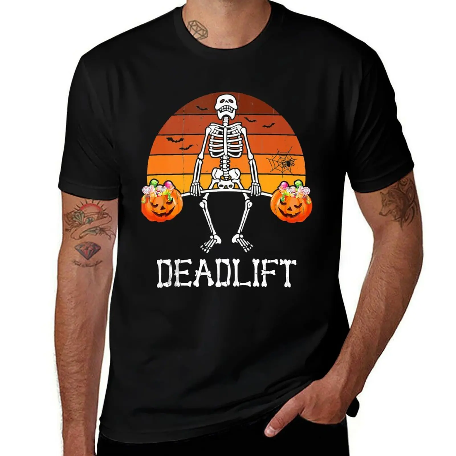 Skeleton Dead Lift Candy Buckets Gym Workout Halloween T-Shirt Casual All Match Short Sleeve T-Shirt