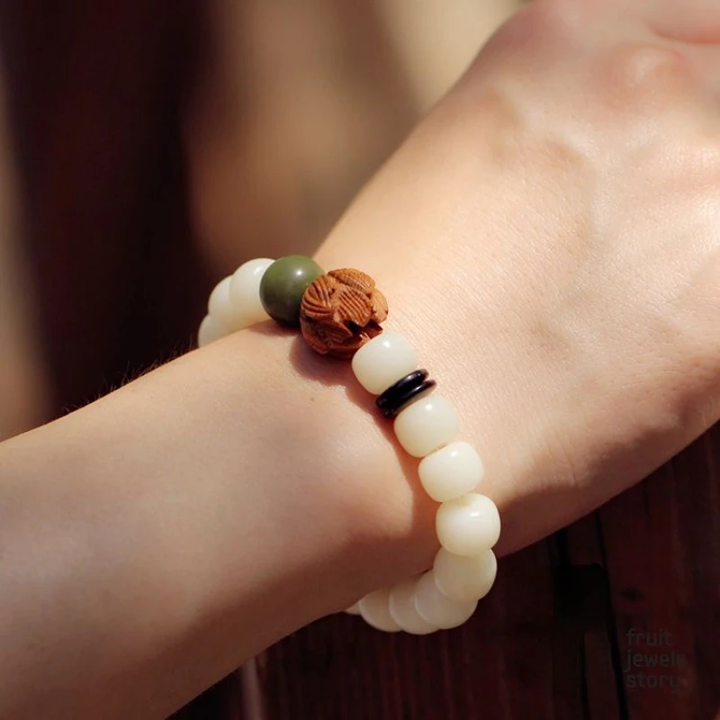 

Natural White Jade Bodhi Root Bracelet for Women and Men, Peachwood Lotus Buddha Beads Meditation Bracelet, White Jade Bracelet