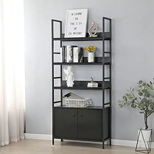 

Black Bookcase, 4 + 2 Tier Bookshelf with 2 Pull-Out Cabinet Bohemian Style 71\u2019\u2019 Modern Bookshelves with 4 Adjustable