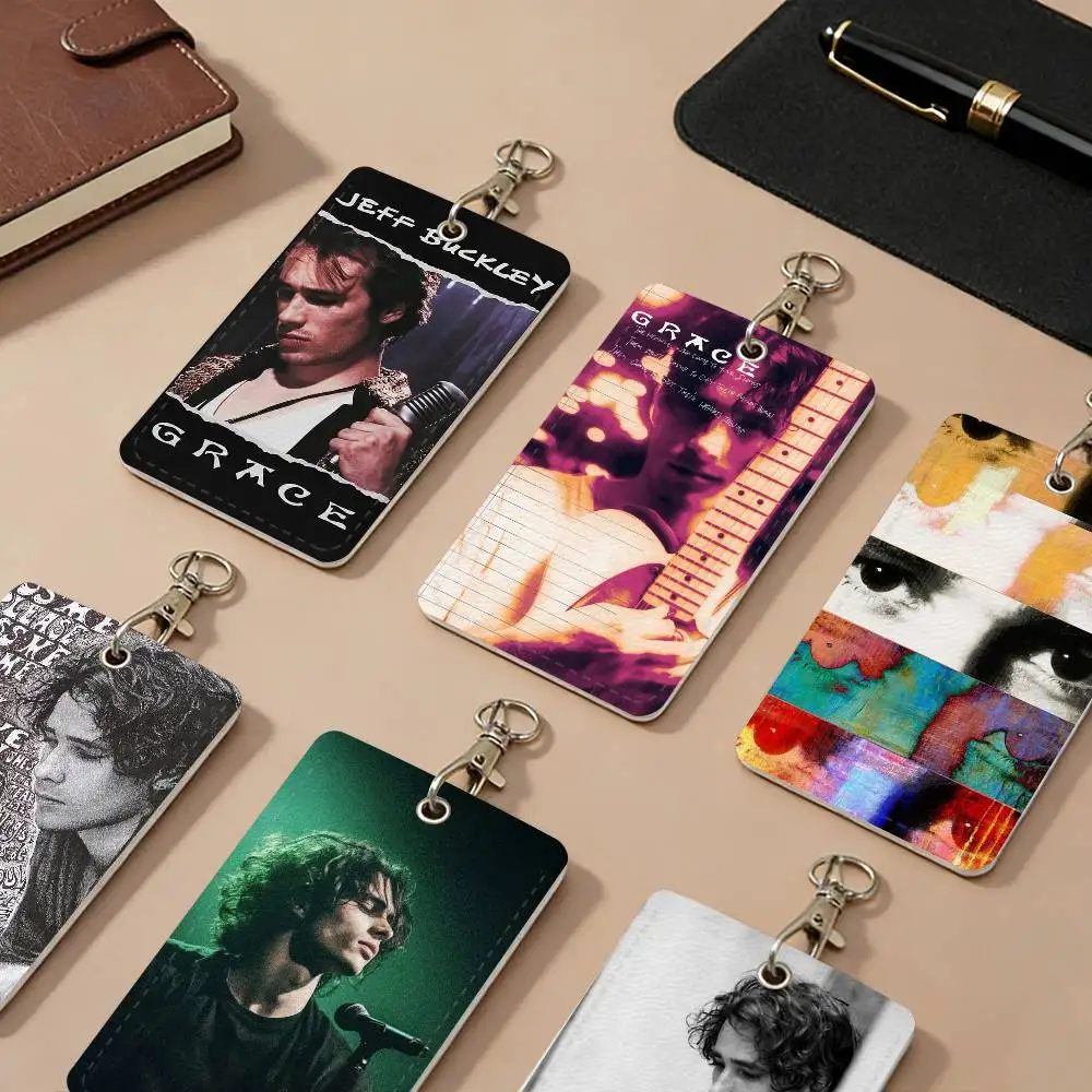 Jeff Buckley Singer PU Leather Card Holders Anti-lost Student ID Protective Cover Cases Campus Access Cards Key Chain