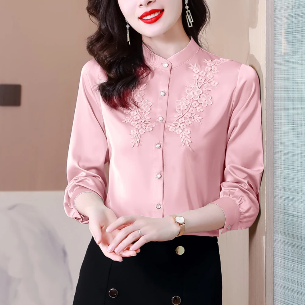 Chic Fashion Satin Embroidery Womens Tops And Blouse Elegant Solid Long Sleeve Office Lady Simple Vintage Shirts Blusas Clothes