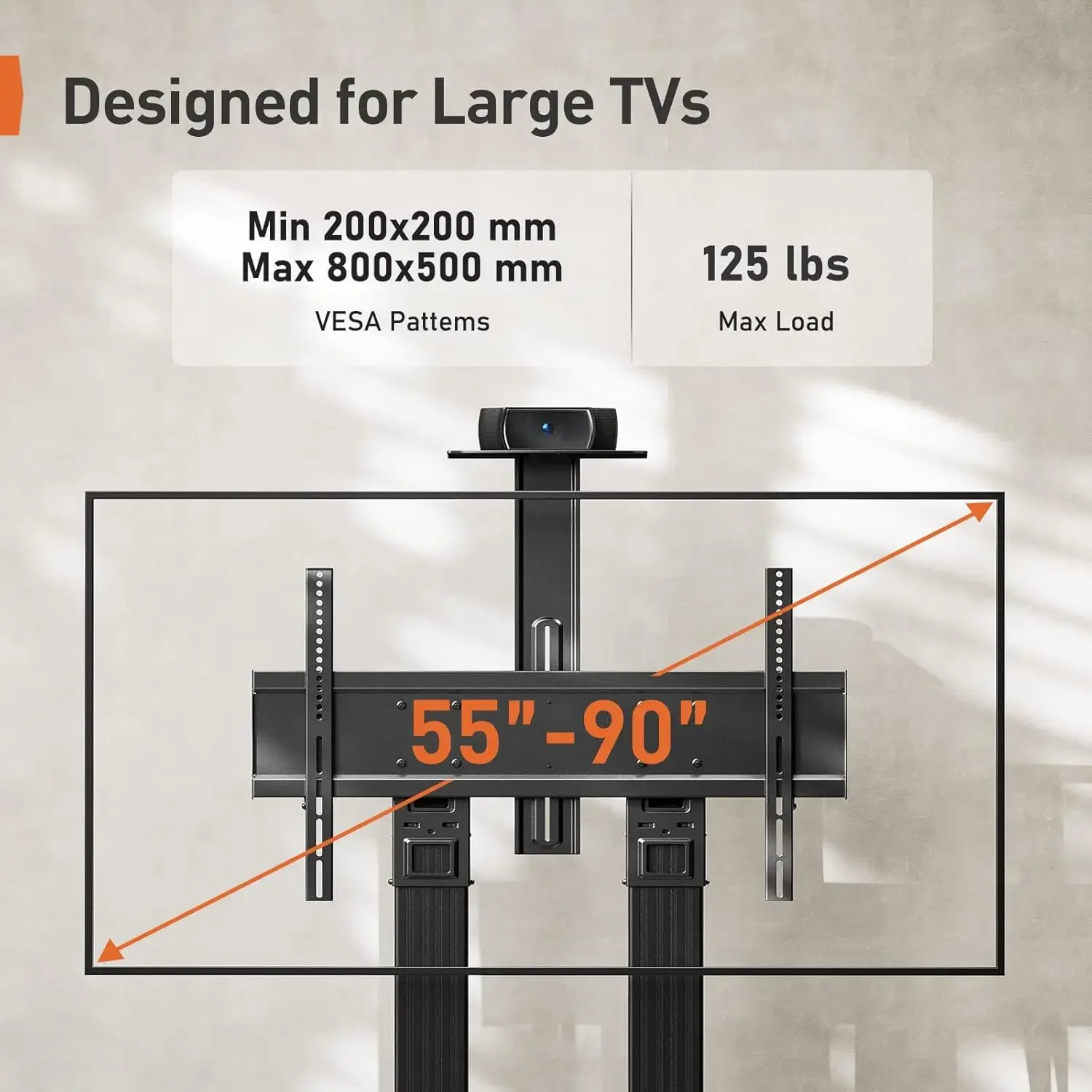 Mobiler TV-Ständer, rollender TV-Wagen für 55–90 Zoll flache oder gebogene Fernseher bis zu 125 Pfund, robuster Boden-TV-Ständer aus Aluminium, verstellbar