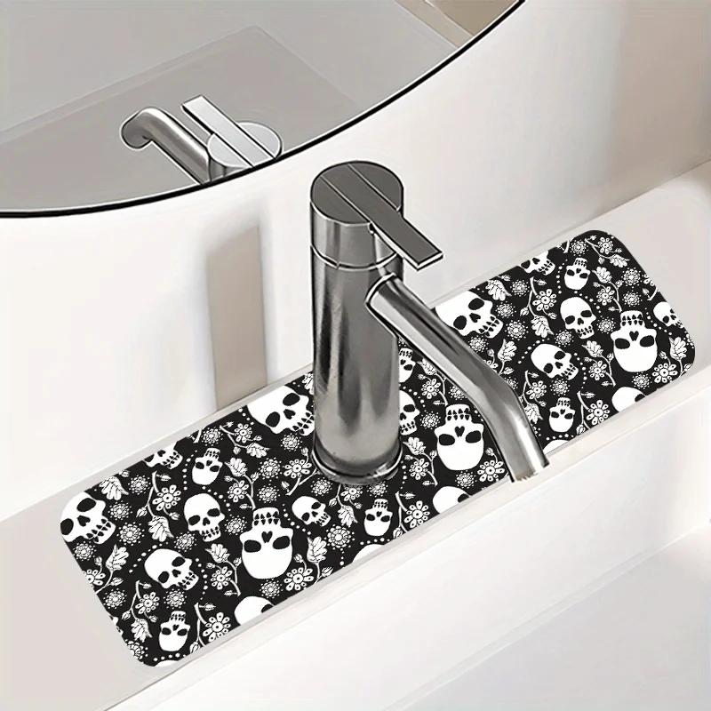 VIKAMA Halloween Skull Faucet Mat Sink Splash Pad Kitchen Absorbent Mat Table Mat Bathroom Sink Waterproof Mat Protective Mat
