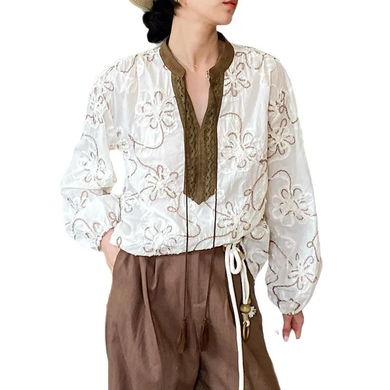 Autunno lungo Sve ricamato da donna irt vestibilità ampia artistica Sle cotone Bubble Sve Top Faion Design Sense Camicetta