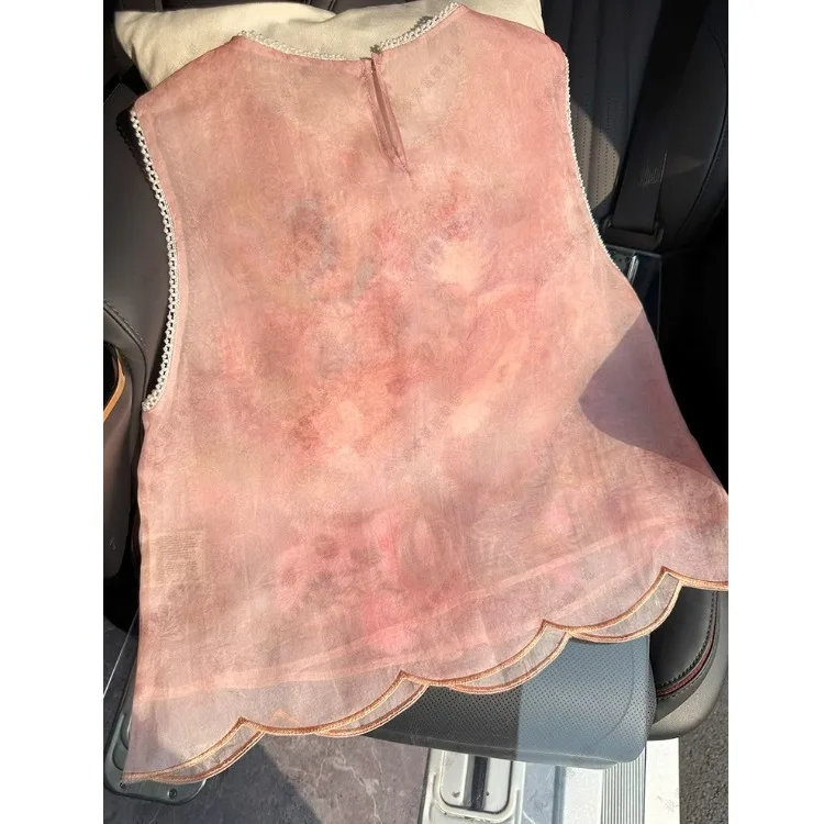 

New Chinese Sle National Trend Silk European Organza Embroidery round Ne Vest Women's Faion