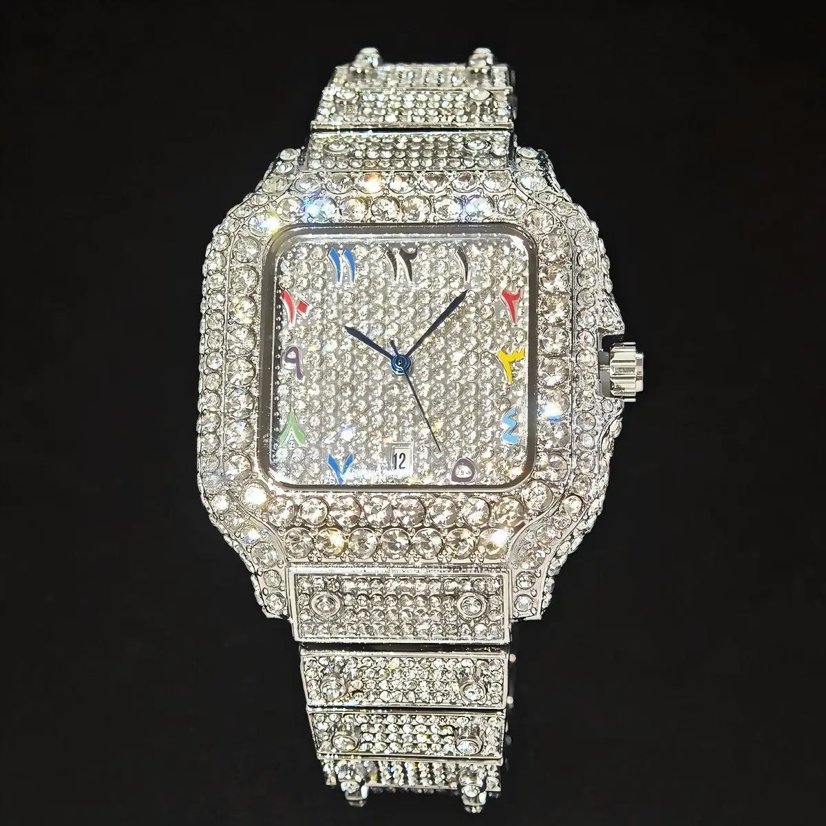 

2025 UNIGUET Mens Luxury Diamond Watch with Rainbow Dial Quartz Movement Calendar Function Hip Hop Iced out Fashion Wristwatch