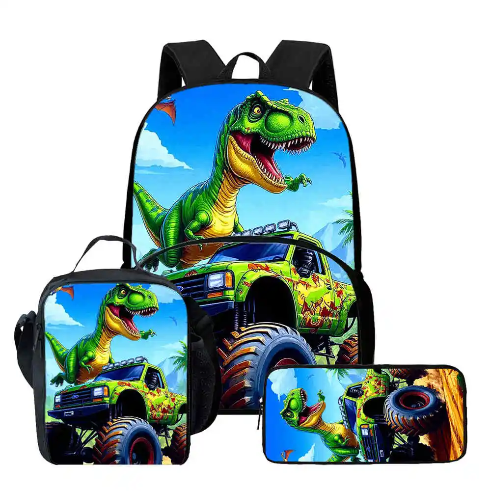 Dinosaur Truck Cartoon  3pcs set Child School Backpack with Lunch Bags ,Pencil Bags  School Bags for Boys Girls Best Gift